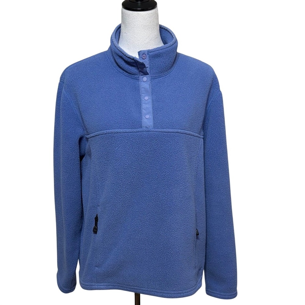 LL Bean Fleece Pullover Womens 1X Blue Polartec 1/4 Snap Mock Neck Zip Pocket